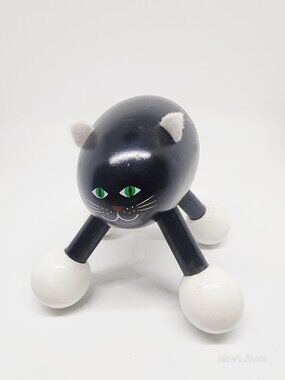 Vintage - Wooden Black Cat with White Ball Feet Designed for Massaging
